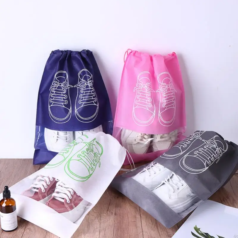 Non Woven Drawstring Shoe Storage Bag Dustproof Moistureproof Eco Friendly Transparent Visible Window For Home And Travel