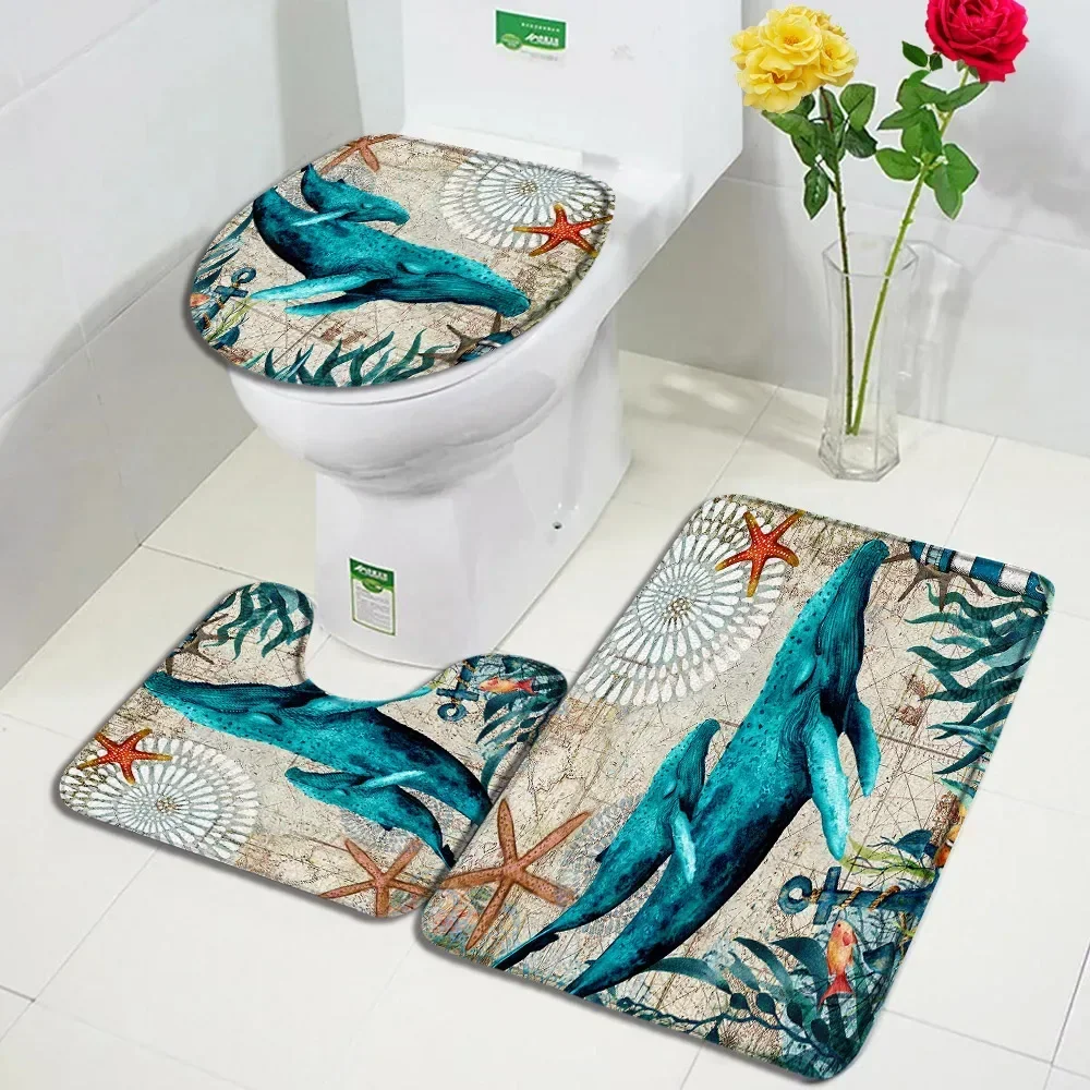 Ocean Animal Bath Mat Set Sea Turtle Octopus Seahorse Seaweed Vintage Nautical Map Bathroom Decor Non-Slip Rugs Toilet Lid Cover