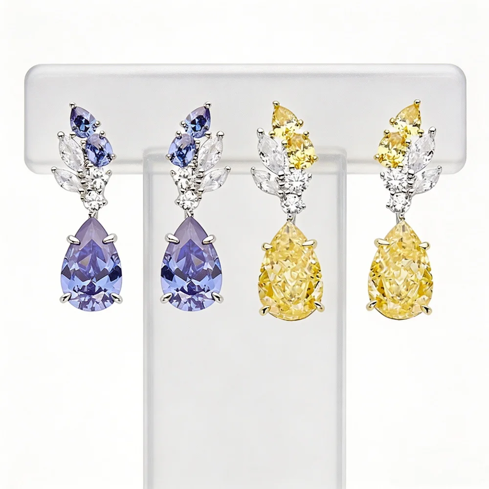 Vintage Fashion Style Stud Earrings Women Lady Inlay Purple Yellow Drop-shaped Cubic Zircon Tassels Eardrop Fine Jewelry