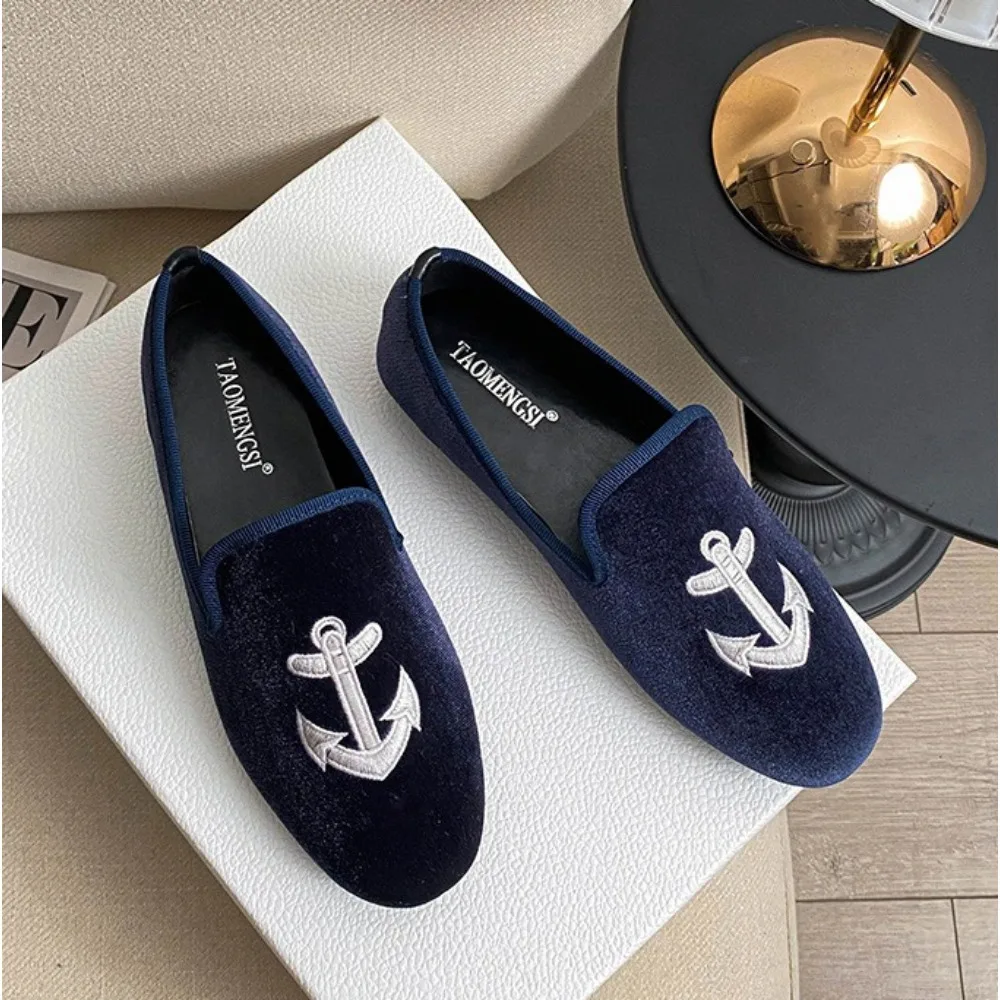 Single Shoes Women's Spring/Autumn New French Embroidery One Pedal Velvet Flat Bottom Soft Bottom Loafu Doudou Pumps for Women