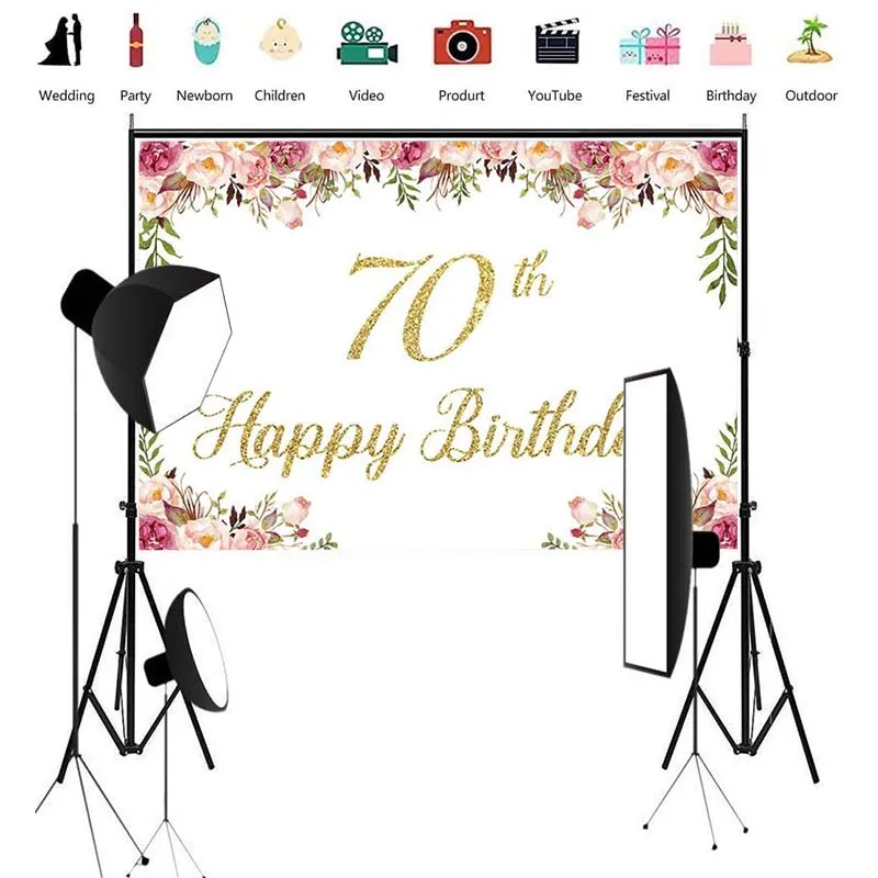 Happy 70th Birthday Party Background Banner Lovely Women Black Flowers Gold 70 Years Old Poster Anniversary Backdrop Photograph