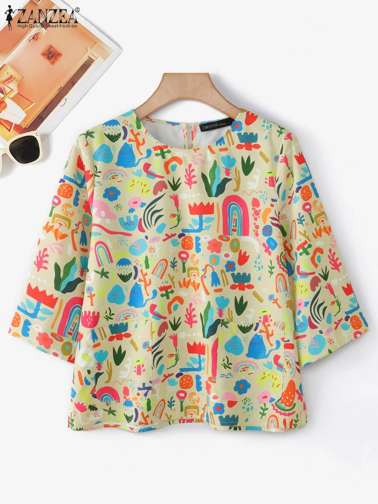 ZANZEA Vintage Print Bluse Frauen Mode Tops 2025, Casual 3/4 Hülse Rundhals Lose Shirts Sommer Taschen Damen Blusas Mujer