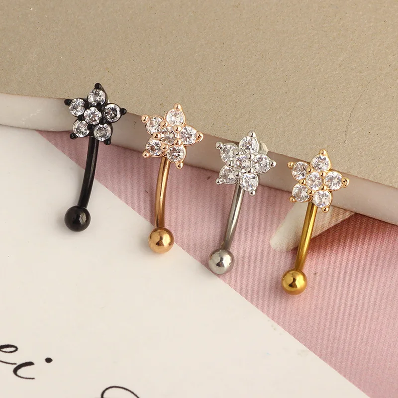 16G 316L Stainless Steel CZ Crystal Flower with Dangling Double Gem Drop Belly Button Ring Stackable Piercing Jewelry