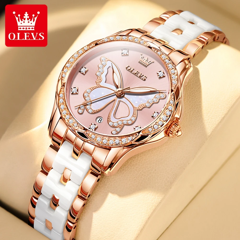 OLEVS 5610 Women\'s Watches Diamond Butterfly Design Dial Ceramic Strap Waterproof New Fashion Young Girl\'s Watches Set Gift