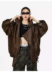 Korean Fashion Black Leather Jacket Women Clothing Autumn/Winter New Loose Casual Coat PU Leather Motorcycle Jacket Women Tops