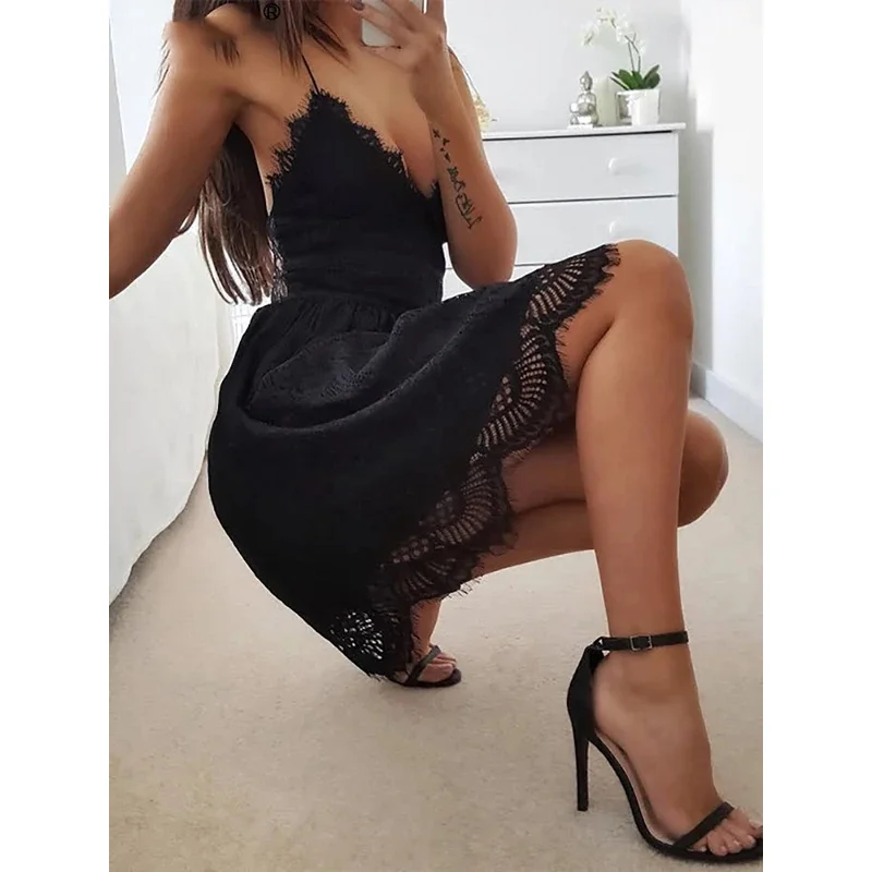 여름 파티 드레스 섹시한 화이트 핑크 딥 브이 넥 백리스 레이스 짧은 드레스 여성 캐주얼 붕대 스파게티 스트랩 민소매