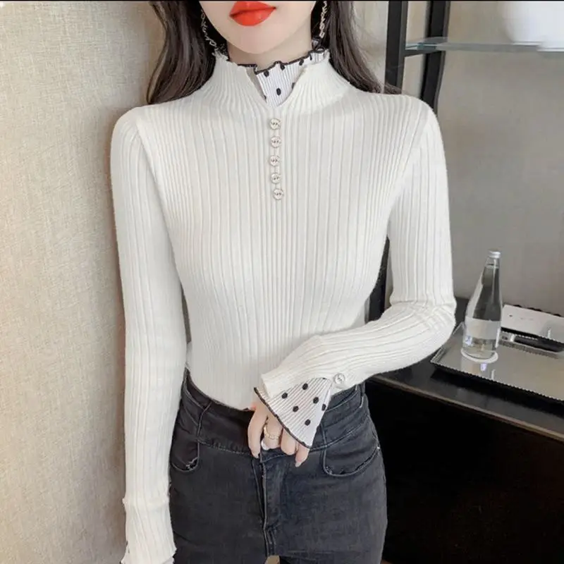 Fashion Elegant Polka Dot Spliced Solid Sweaters Autumn Winter Women\'s Clothing Slim All-match Half High Collar Knitted Tops