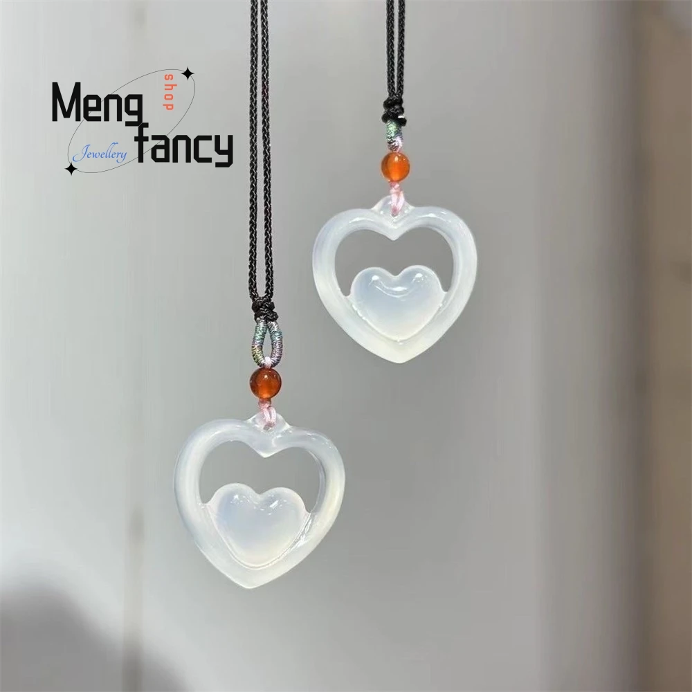 

High-Ice White Agate Heart-To-Heart Pendant, Chalcedony Elegant, High-End Chinese Collarbone Chain Jade Necklace Gift For Couple
