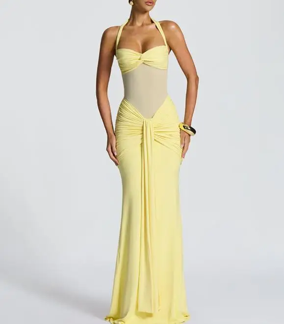 

2026 Summer New Women's Fashion Sexy Elegant Neck Belt Mesh Splicing Floating Belt Dress Women's Wear