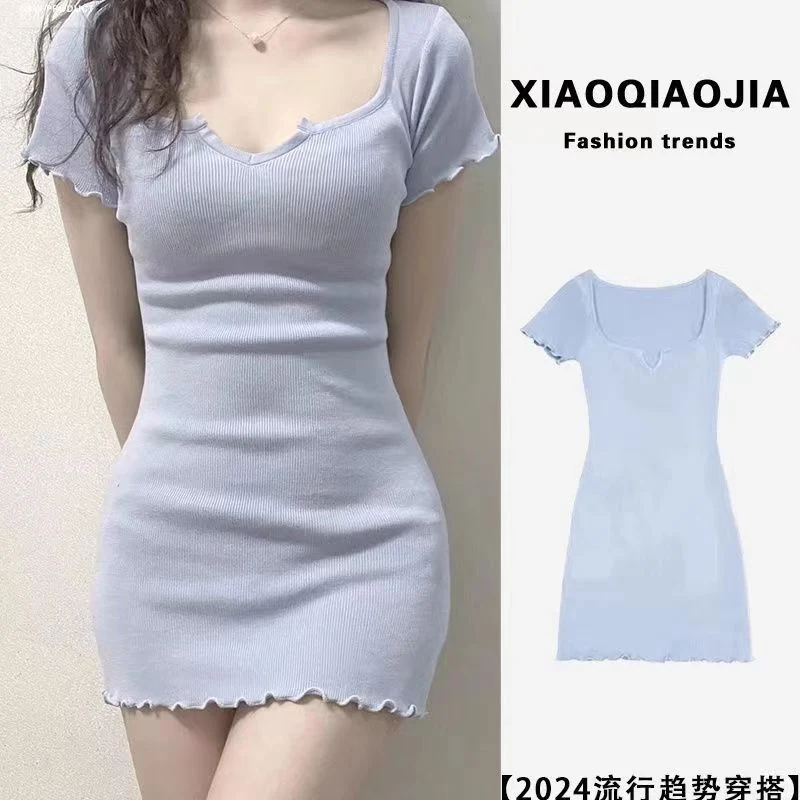 2024 Summer Hotsweet Short Sleeve Sexy V-neck Mini Dress for Women Korean Fashion Slim Fit Temperament Elegant Wrap Hip Dress