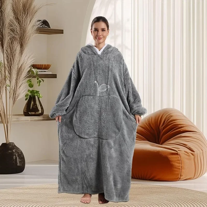 NEW Extra Long Wearable Blankets Winter Flannel Hooded Blanket with Full Sleeves Men Women Cozy Soft Throw Adult TV Blanket