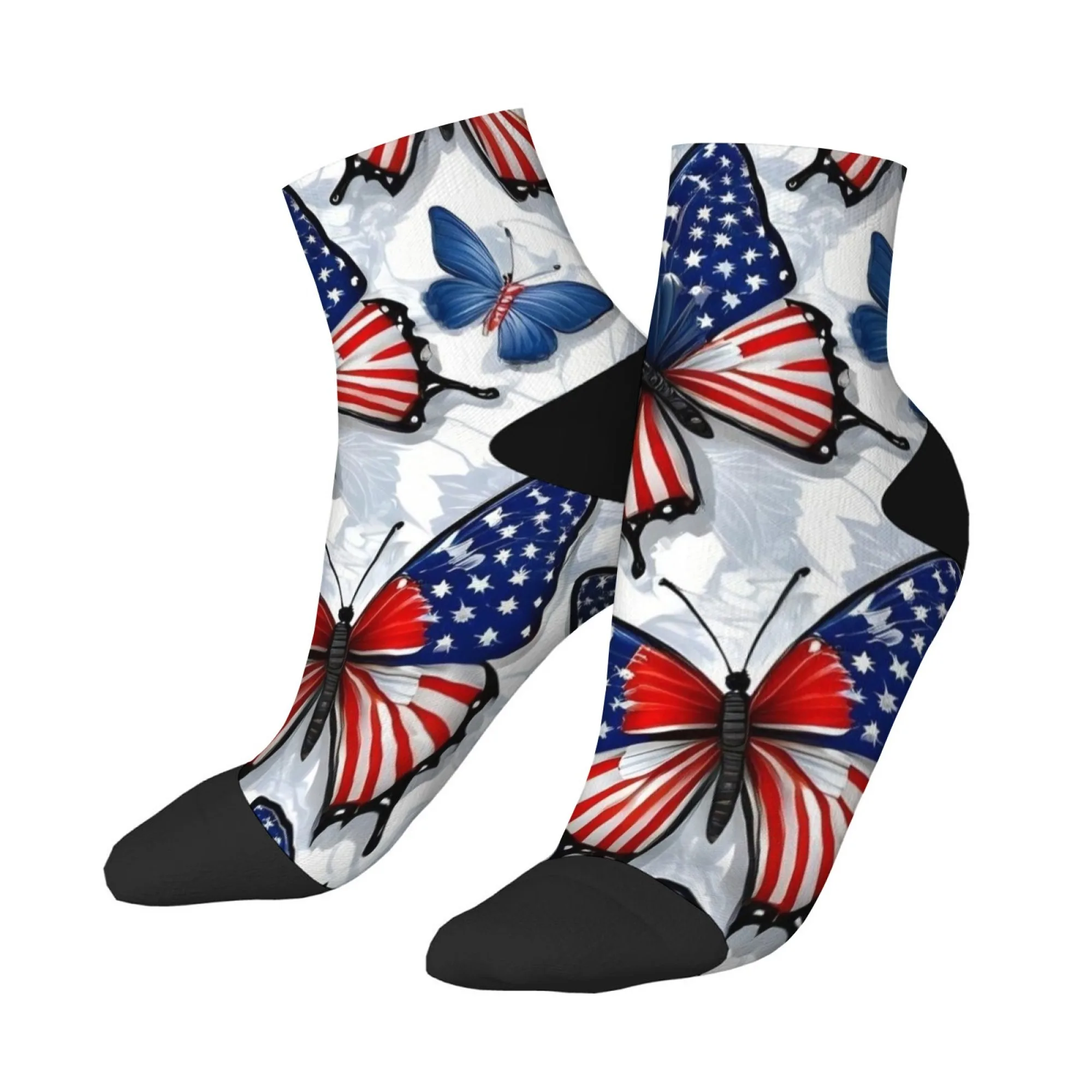 Kurze Socken mit Nationalflagge und Schmetterling, Polyester-Mischung, bequeme Freizeitsocken für Damen und Herren, Unisex, weich, atmungsaktiv, leicht