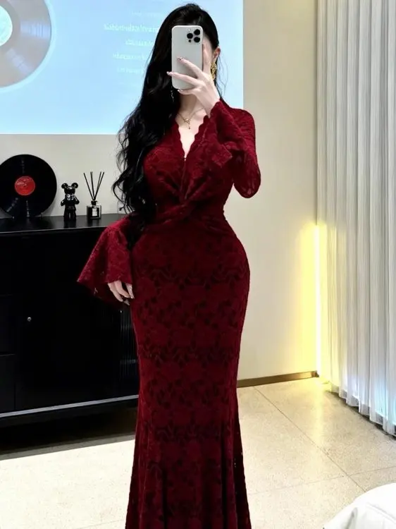 Vintage Elegant Red Lace Long Sleeve Evening Dress Women Spring V-neck Knot Bodycon Mermaid Luxury Party Prom Vestidos Gown Robe