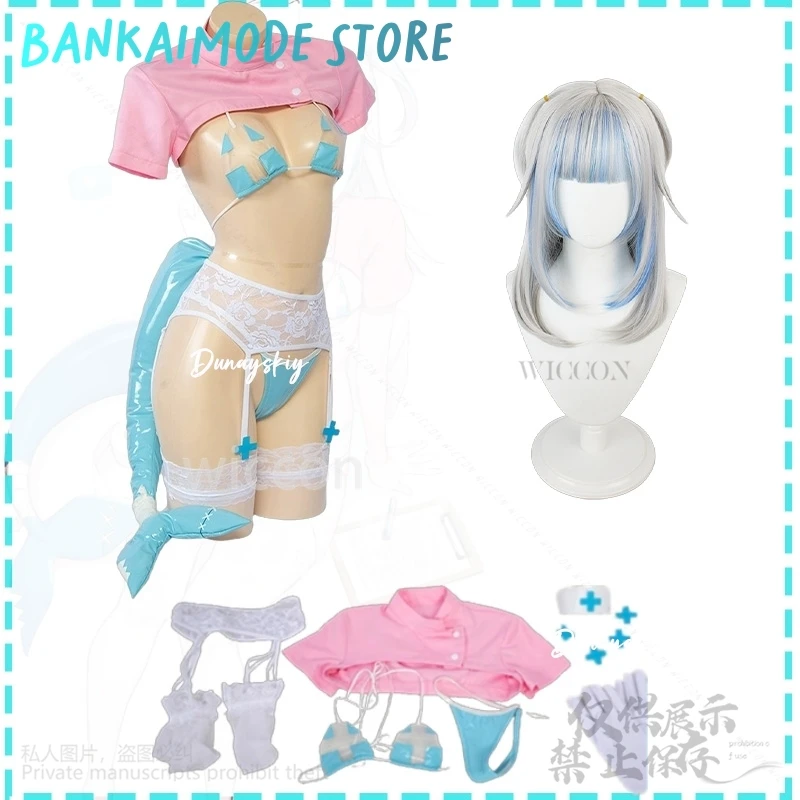 Gawr Gura Cosplay Anime Vtuber Youtuber Costume Pink Top PU Leather Jumpsuit Sexy Lingerie Nurse Uniform Furry Tail Halloween