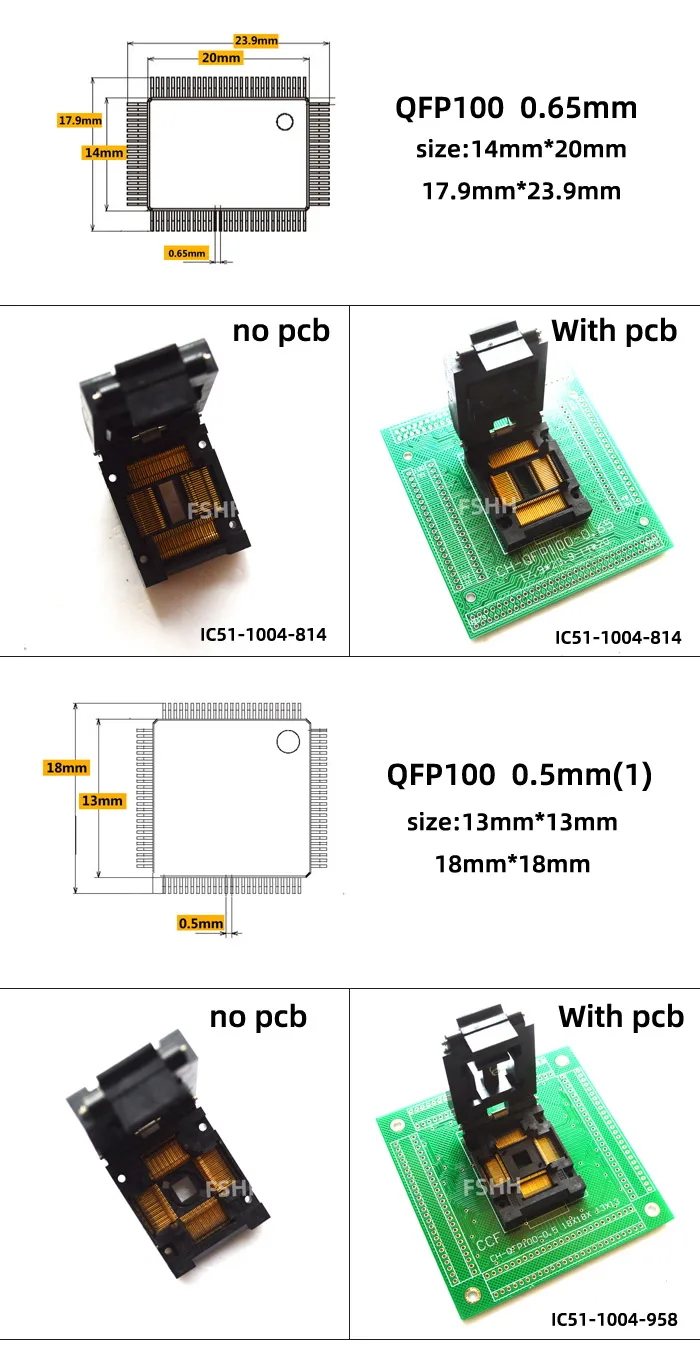 Clamshell เปิดด้านบน TQFP100 LQFP100 QFP100 ซ็อกเก็ตทดสอบ IC51-1004-814 IC51-1004-958 OTQ-100-0.5-09 PITCH 0.5 มม.0.65 มม.