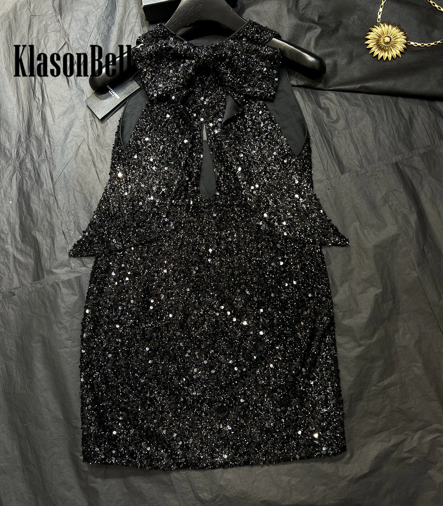 1.11 KlasonBell Europe America Sequins U-Neck Halter Sexy Backless Cute Bow Detachable Slim Package Hip Dress Women