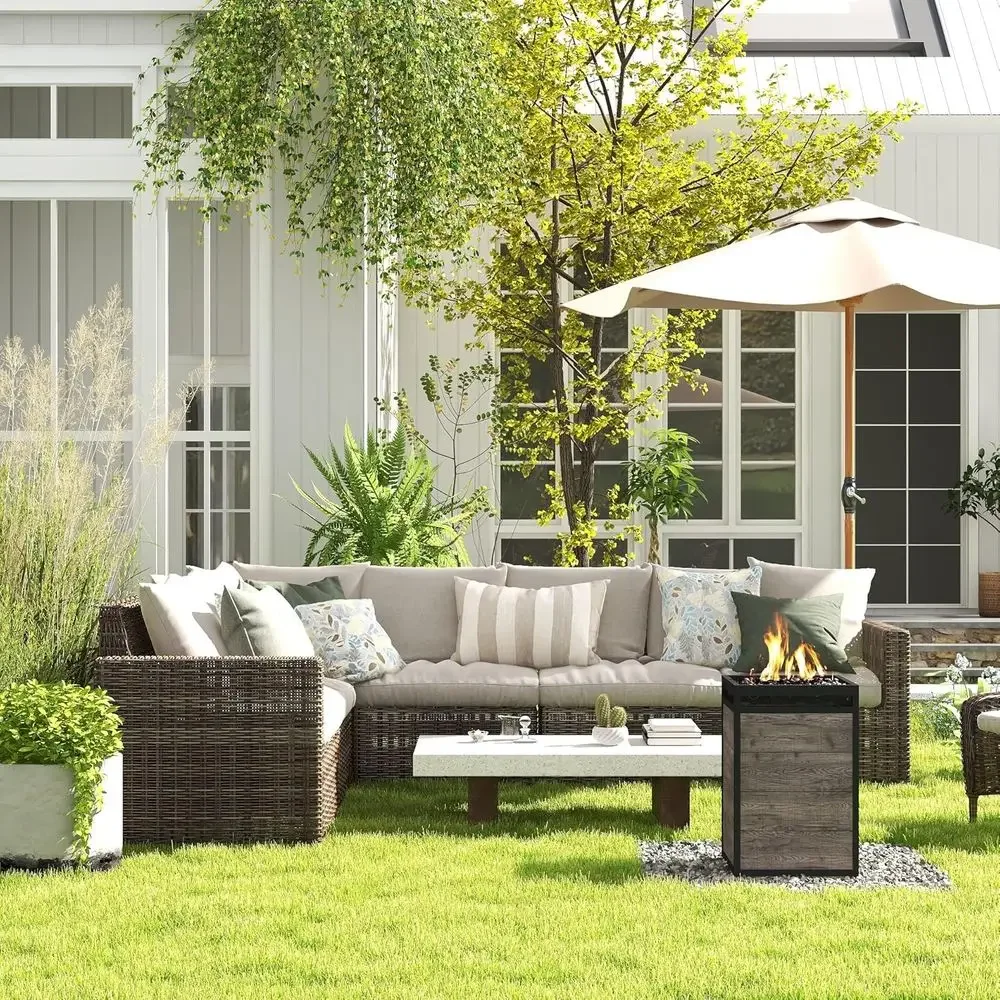 Grey Square Propane Fire Pit with 16 Steel Column, CSA Certified for Outdoor Patio, Garden, and Decking