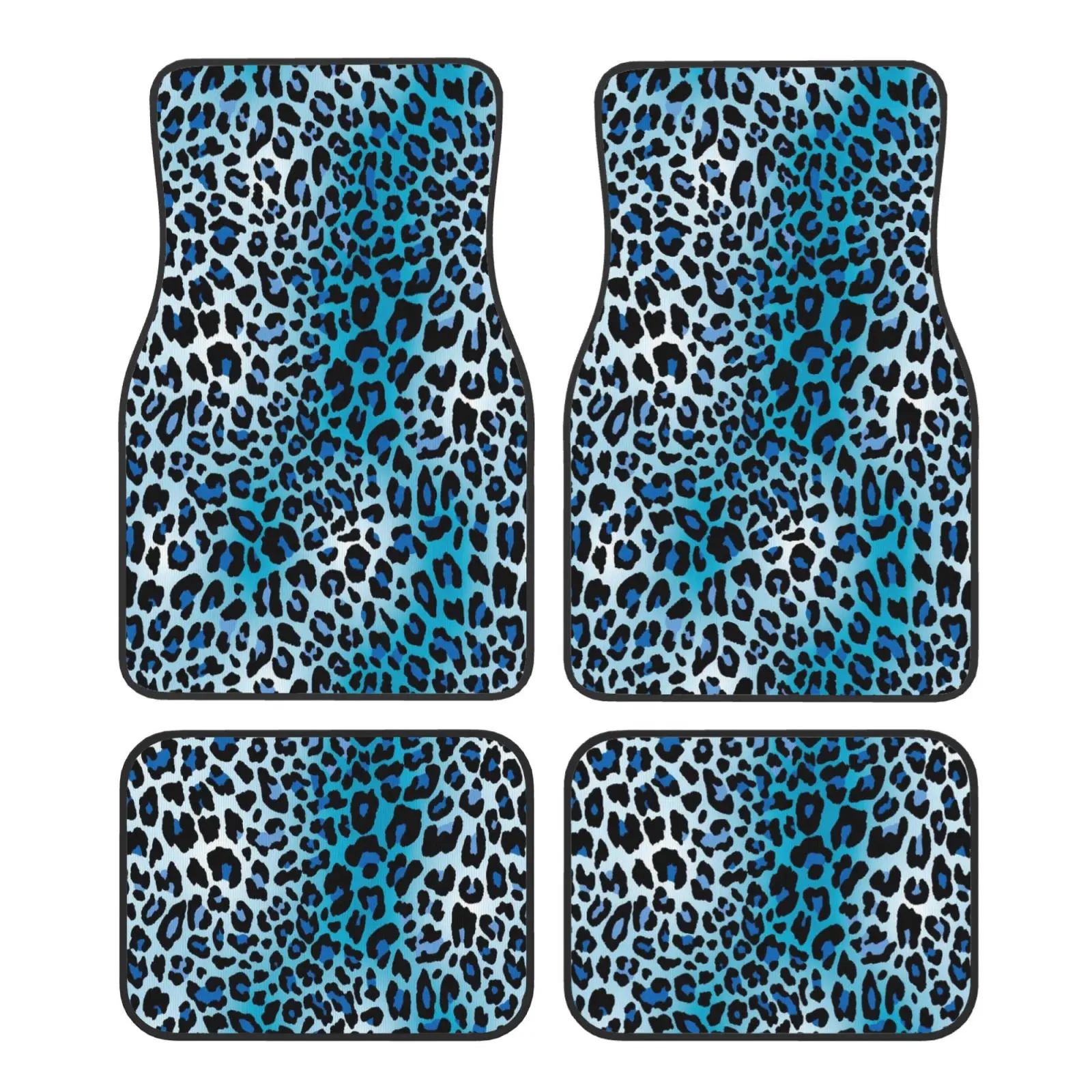 Blue Leopard Animal Print Car Floor Mats Set 4 Pcs Front and Rear Foot Mats Carpet Universal Car Accessories for SUV Van Sedan