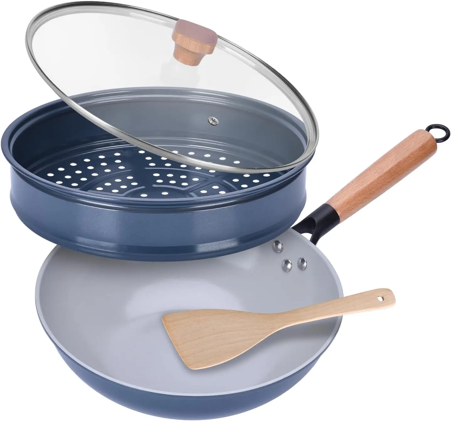 

Non-Stick Wok with Steamer Basket,12 Inches Stir Fry Pans with Lid, Flat Bottom Pan Multifunctional Cookware Chinese Woks for In