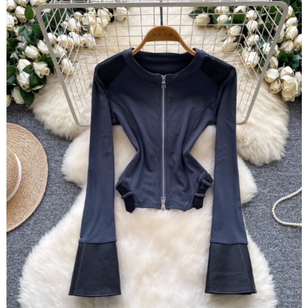 

Элегантная винтажная блузка на молнии с расклешенными рукавами и длинными рукавами, корейский модный топ, женская шикарная готическая рубашка