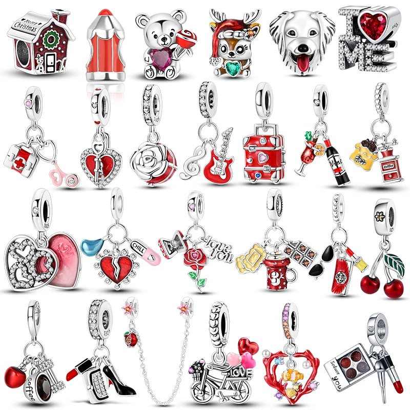 Pamela 925 Silver Red Color Charms Plata De Ley Car Strawberry Cherry Charm Mushroom Bead DIY For Original Bracelet Jewelry