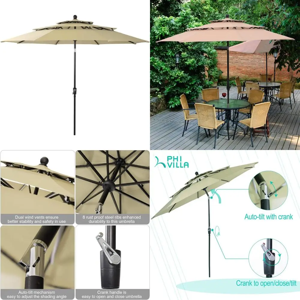

3-Tier 10ft Outdoor Patio Umbrella with Auto-Tilt, PHI VILLA Market Style Sun Shade for Backyard, Deck, and Poolside