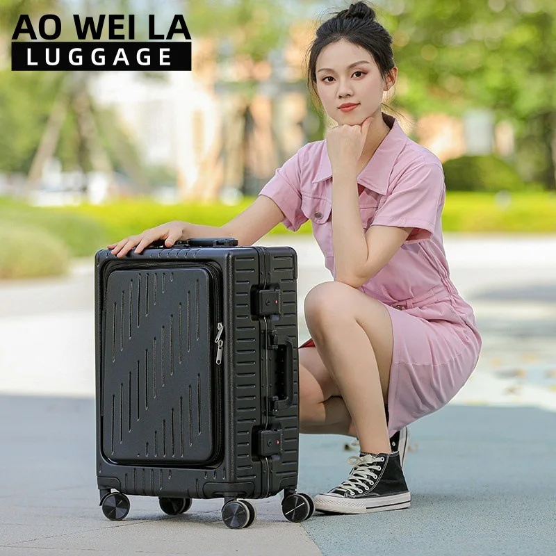 Front Opening Business Luggage 20 Inch Carry On Suitcase with Laptop Compartment, Aluminum Frame Spinner Wheels Hard Shell Troll