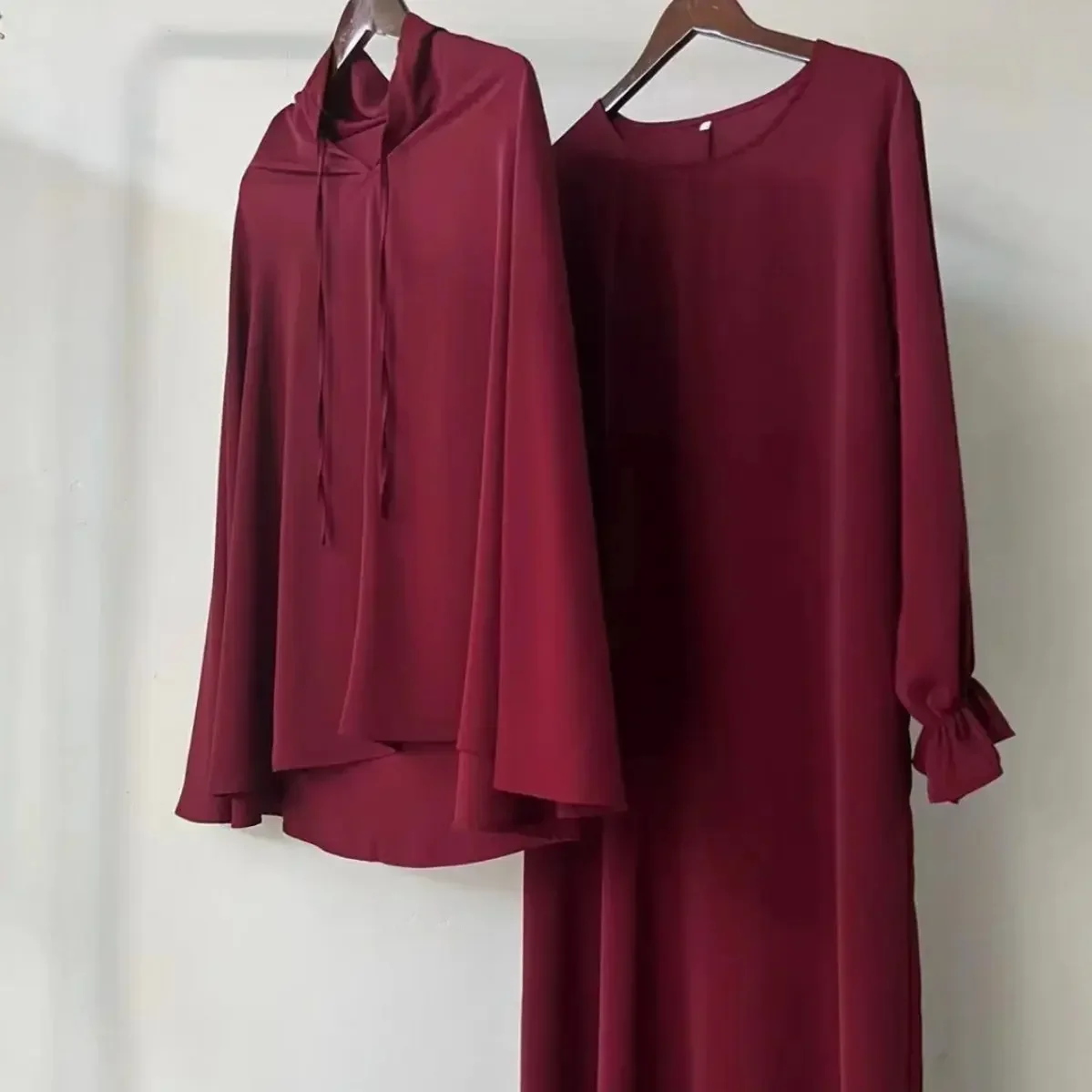 

Комплект Abaya Khimar, молитвенная одежда, женское платье с длинным рукавом + шарф Hjiab, мусульманская скромная одежда, однотонный цвет, мусульманский Рамадан, ИД Дубай