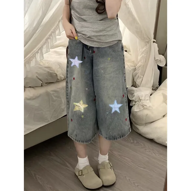 

American Vintage Women's Straight Leg Capri Jeans 2026 New Star Patchwork Loose Wide Leg Casual Versatile Streetwear Denim Pants