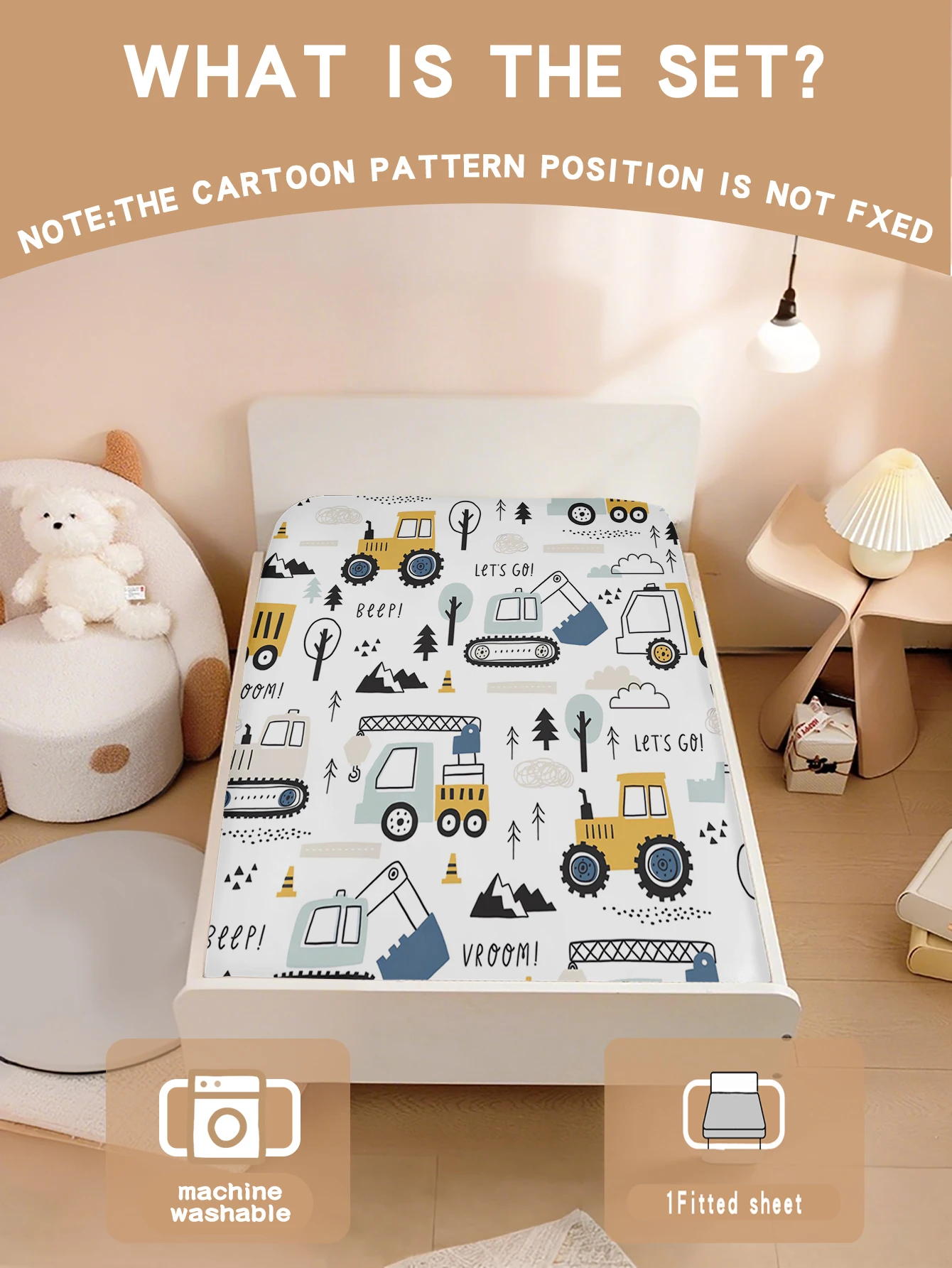 漫画の車-‌-フィットシーツ-子供用-かわいいプリント柄-漫画風寝具セット-100-ポリエステル-ホーム