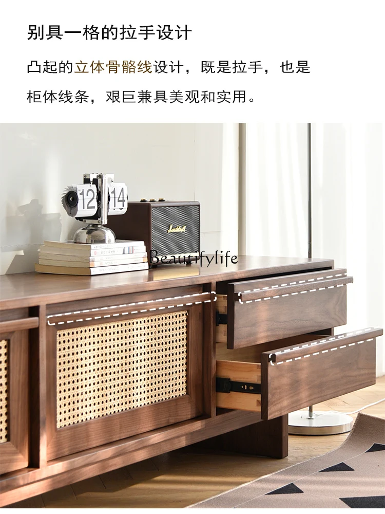 Black walnut bone line TV cabinet small apartment medieval audio-visual cabinet wabi sabi retro