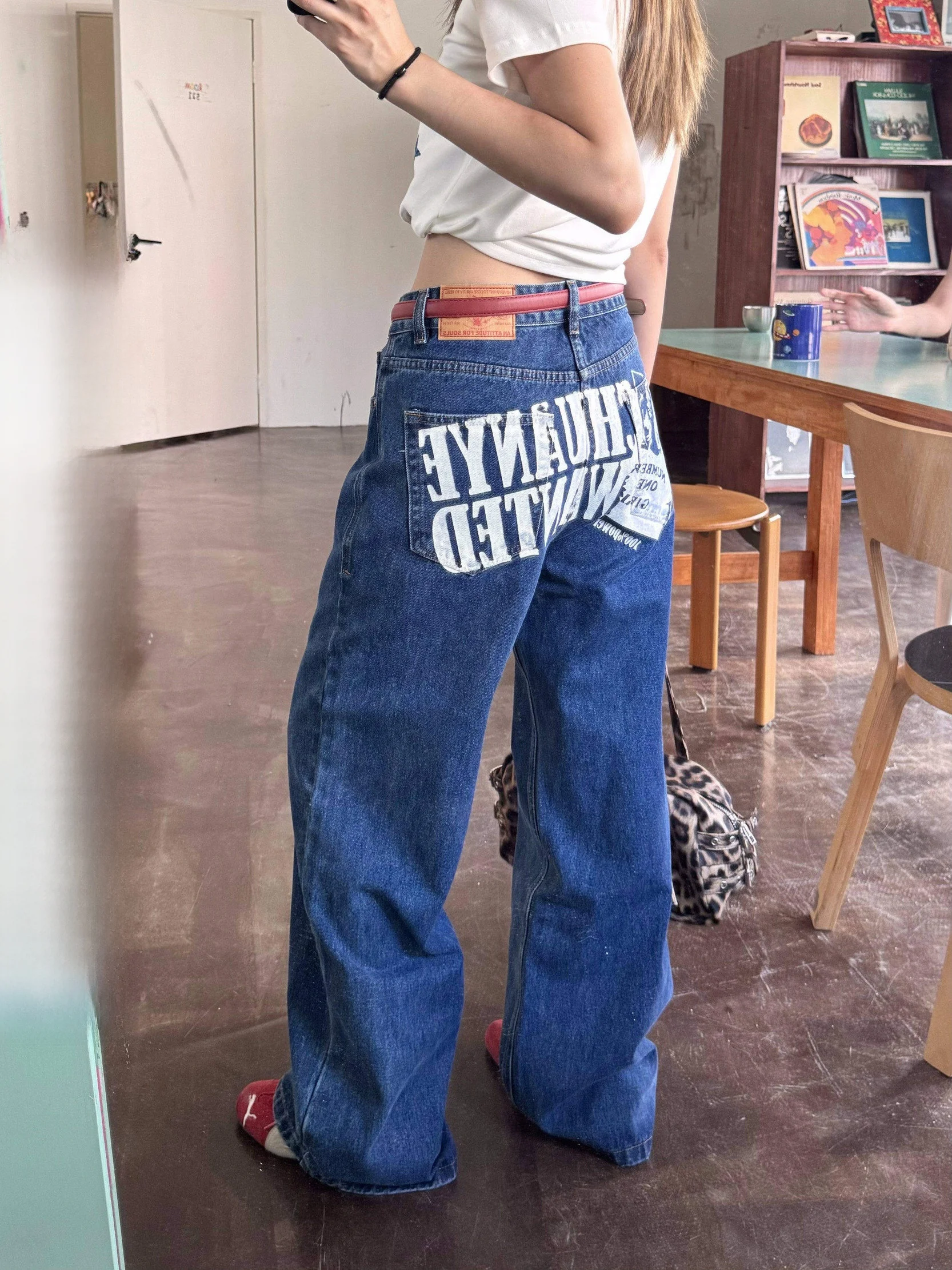 

Джинсы XFX в американском ретро-стиле, свободные, прямые, с принтом, женские, в стиле High Street, широкие, в пол, CleanFit, повседневные, длинные брюки