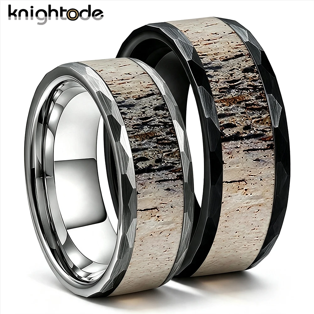8mm Tungsten Carbide Couple Wedding Rings Hammered Brushed Antler Inlay Comfort Fit Engagement Rings for Men Women Anniversary