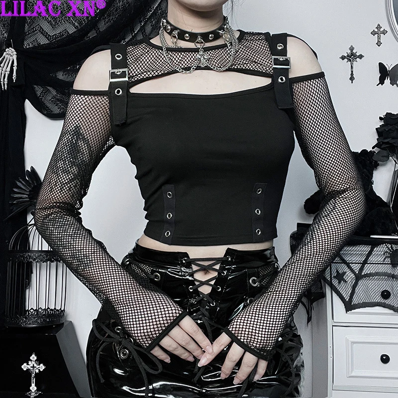 

Goth Black Lace Mesh Hollow Out Long Sleeve T-Shirts Y2K Sexy Eyelet Off Shoulder Corset Crop Tops Fashion Women Tees Streetwear