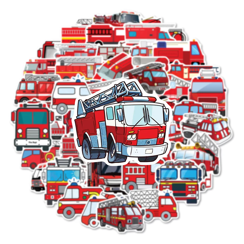 10/30/50/100PCS Children Fire Engine Stickers Caroon Decals Kids Toy Laptop Notebook Fridge Suitcase Waterproof Graffiti Sticker