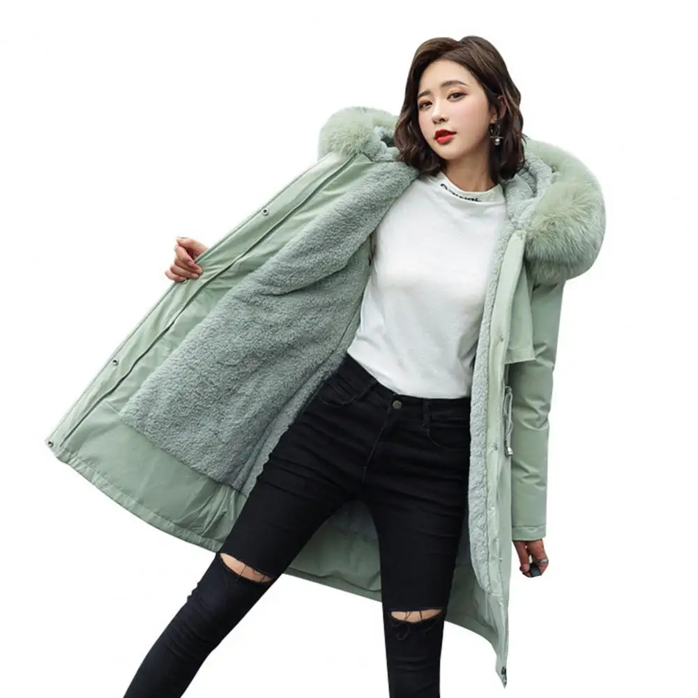 여성용 모피 후드 긴팔 포켓 무릎 길이 지퍼 단추 클로저, 두꺼운 플러시 안감, 면 중간 길이 코트, 겨울