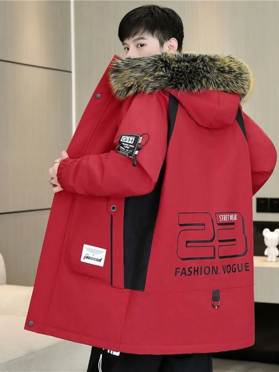 

Thiened Fce Winter Jaet Men's Casual Warm Hooded Cotton Coat with Fur Collar Mid-Length Parka Jaet for Daily Wear