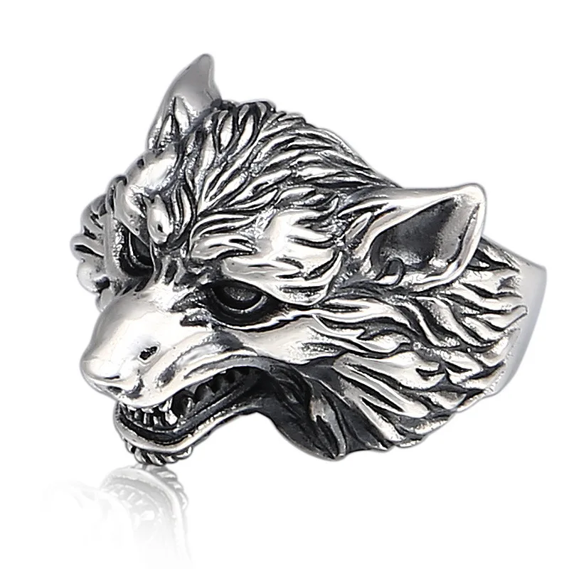 Bague d'ouverture en argent regardé pour hommes et femmes, ornement de mode, vintage, thaïlandais, personnalité, tête de loup dominatrice