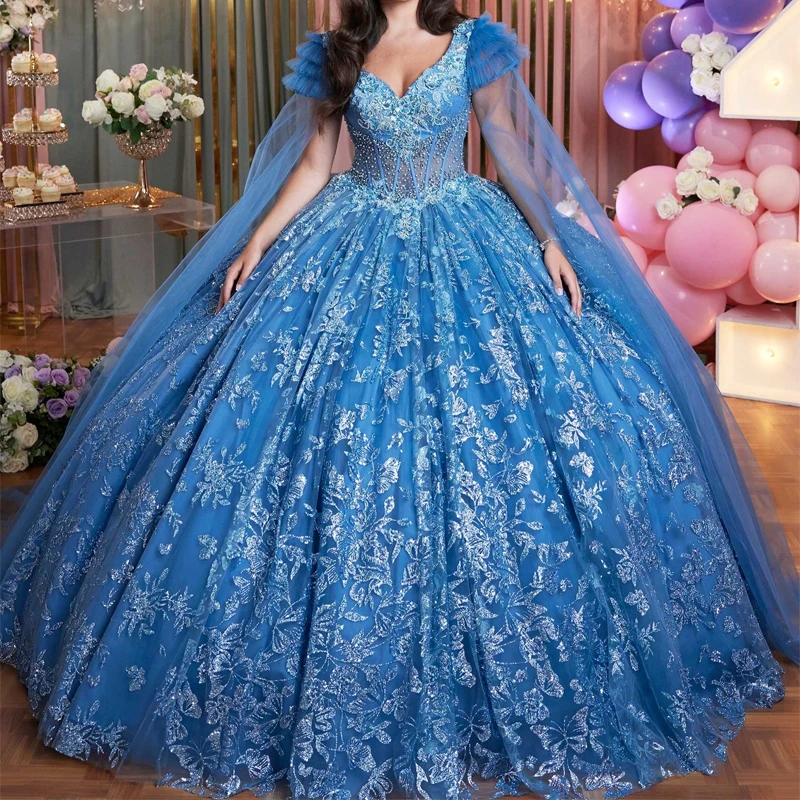 

Blue Shiny Quinceanera Dresses Off Shoulder Vestidos De 15 Años With Cape Sequin Applique Bow Beads Tull Formal Birthday