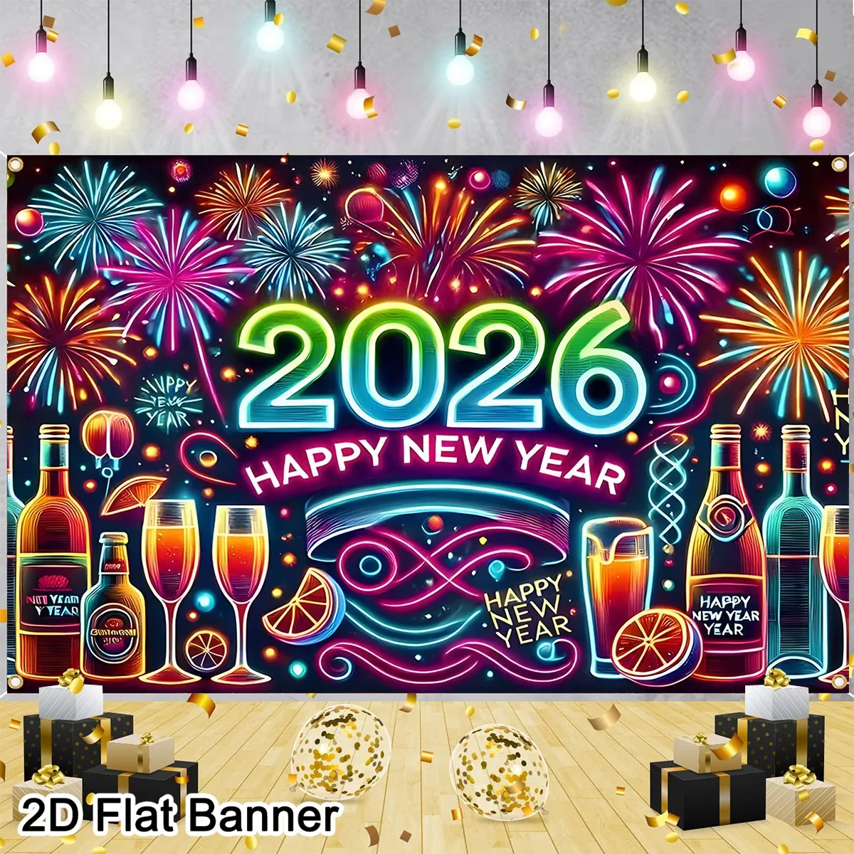 

2026 Happy New Year Party Banner Background, Celebrating the New Year Family Gathering Party Decoration Shooting Backdrop Props