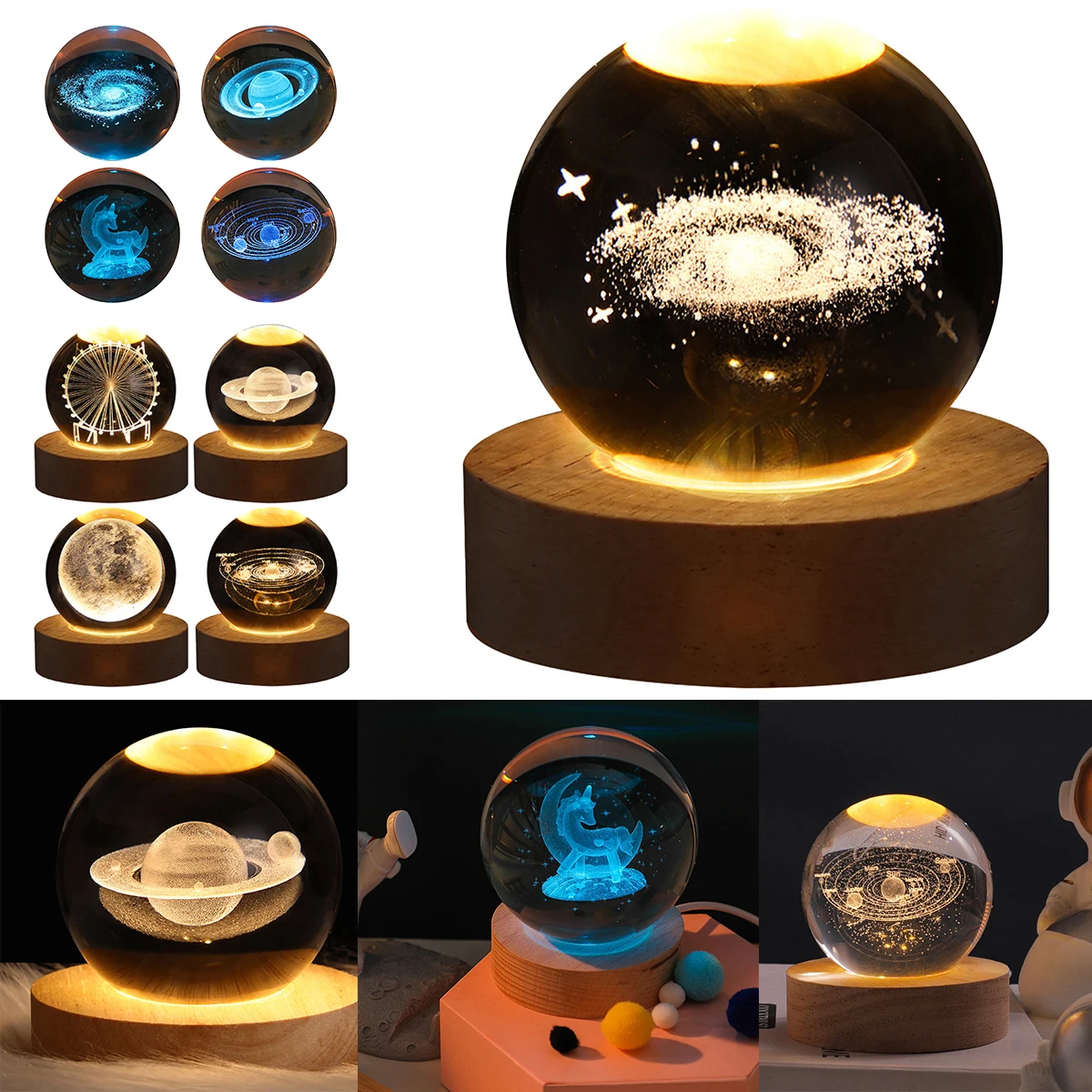 3D Crystal Ball Night Light LED Astronomy Night Lamp Milky Way Galaxy Solar System Crystal Ball Room Ambient Light Birthday Gift