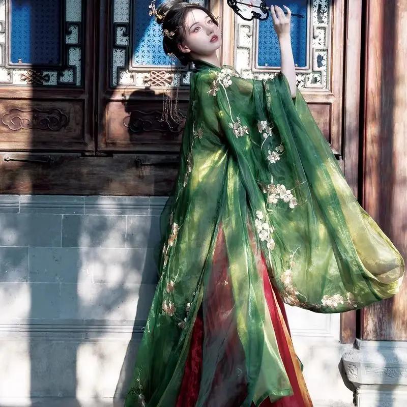 Hanfu Tang-Jupe de printemps et d'été de style traditionnel chinois, chemise à manches longues, rouge et vert, de haute qualité