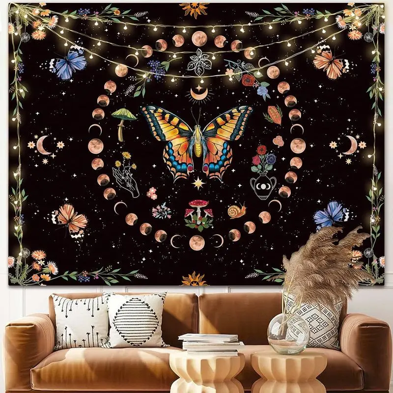 VIKAMA Tree of Life Tapestry Wall Hanging Boho Sun Moon Stars Mandala Floral Gold Line Art Aesthetic Wall Art Bedroom Decor