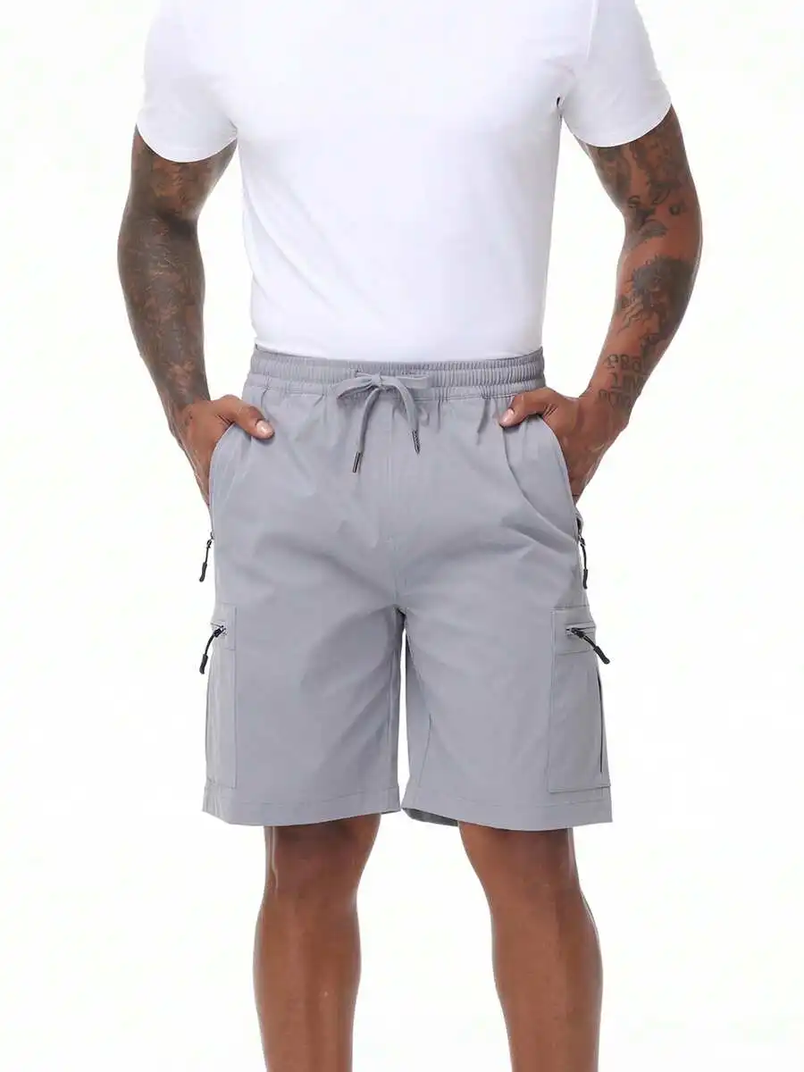 

Mens Summer Casual Cargo Shorts With Elastic Waist And 5 Zipper Pockets
