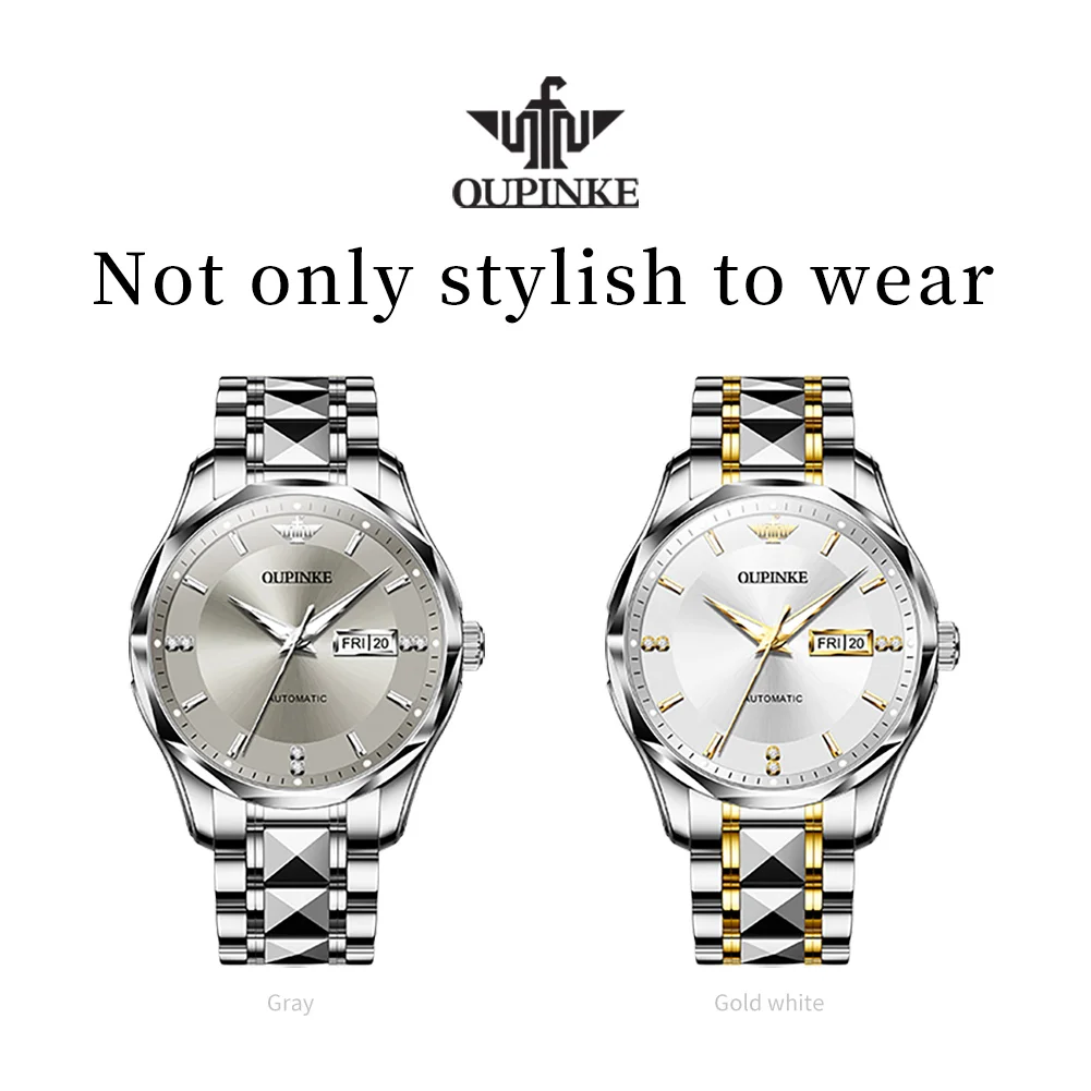 ﻿OUPINKE 3295 Mens Watch Automatic Mechanical Watch﻿ 50M Waterproof Tungsten Steel Sapphire Day-Date Watches Luxury Men Original