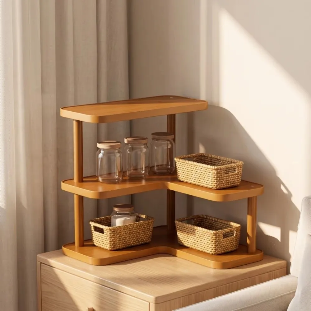 Bamboo Corner Desktop Shelves Rounded Edges L-Shaped Multi-layer Storage Shelf Space Saving Large Capacity Display Stand
