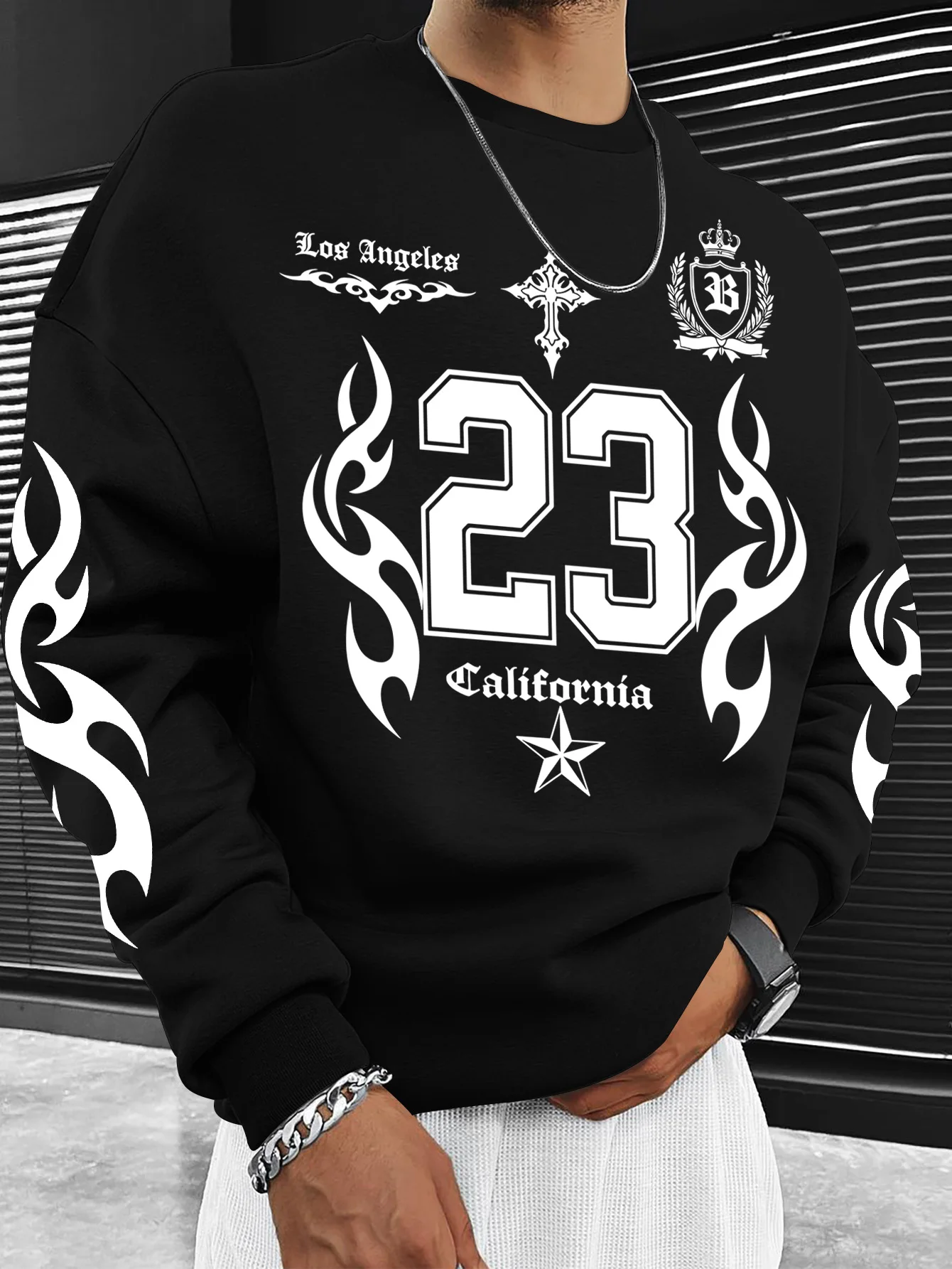 Retro Street Style Men Oversized Crew Neck Sweatshirt, LA 23 Flame Cross Star Graphic Print Pullover S-XXL