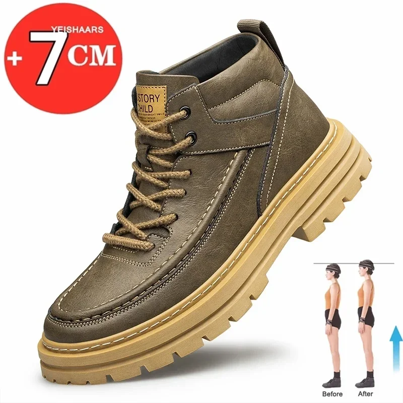 

Big size men boots elevator shoes high quality leather ankle boots hidden heels heightening shoes Man 7cm Masculino taller shoes