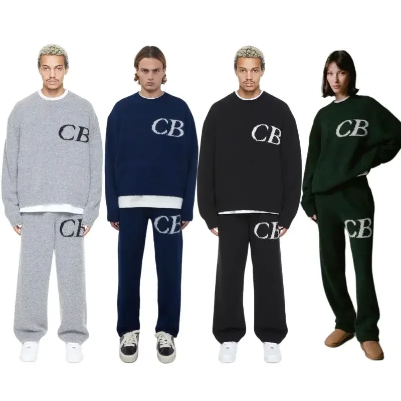 Oversized Winter CB Logo Jacquard Letter Print Sweaters Set Casual Round Neck  Knitt Sweatshirts Loose Woolen Pants