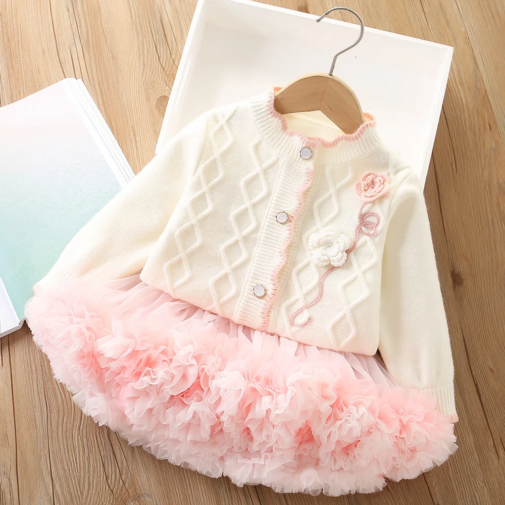 

Fashion Girls Knitted Clothes Sets For Children Sweater Tops+Tutu Skit Two Pieces Suits Spring Autumn Jersey Baby Girl Outfits